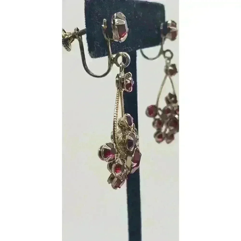 Earrings Cherry Red Long Dangle cluster Rhinestone Vintage Screw Chandelier
